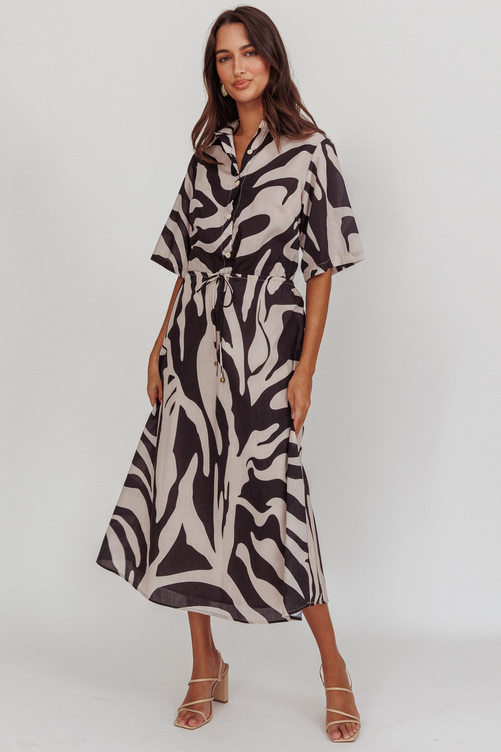 Tiki Boxy Sleeve Print A-line Midi Dress Beige by Selfie Leslie Australia