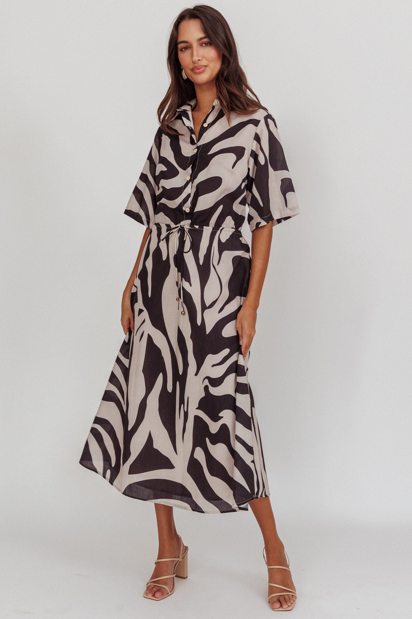 Tiki Boxy Sleeve Print A-line Midi Dress Beige by Selfie Leslie Australia