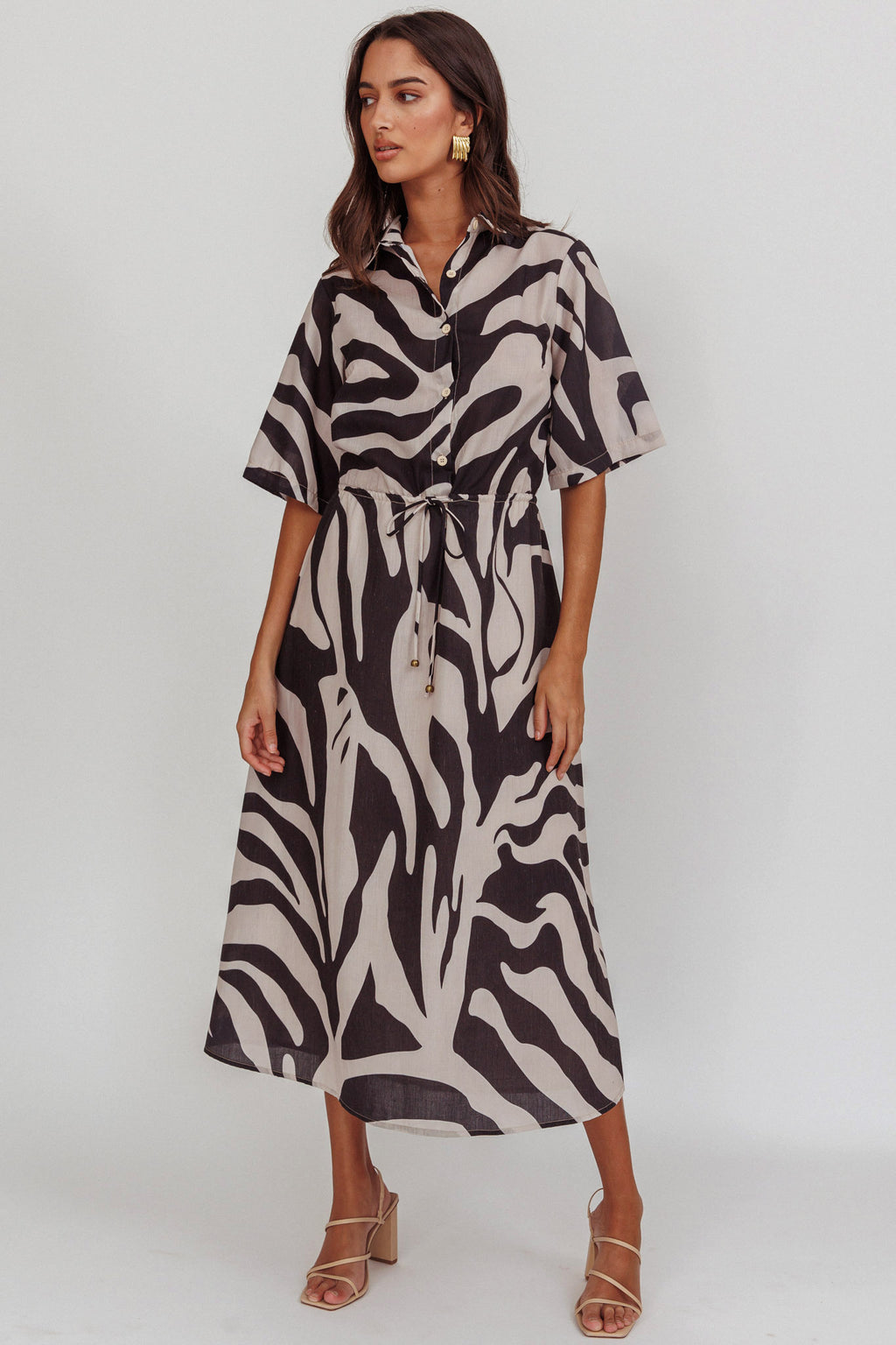 Tiki Boxy Sleeve Print A-line Midi Dress Beige by Selfie Leslie Australia