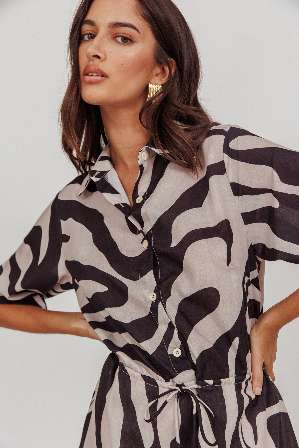 Tiki Boxy Sleeve Print A-line Midi Dress Beige by Selfie Leslie Australia