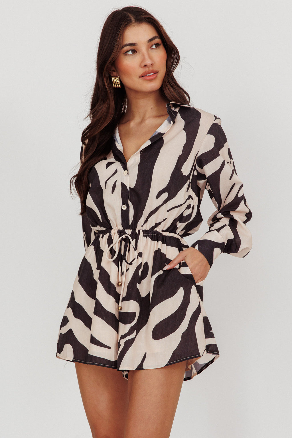 Tiki Long Sleeve Romper Print Beige by Selfie Leslie Australia