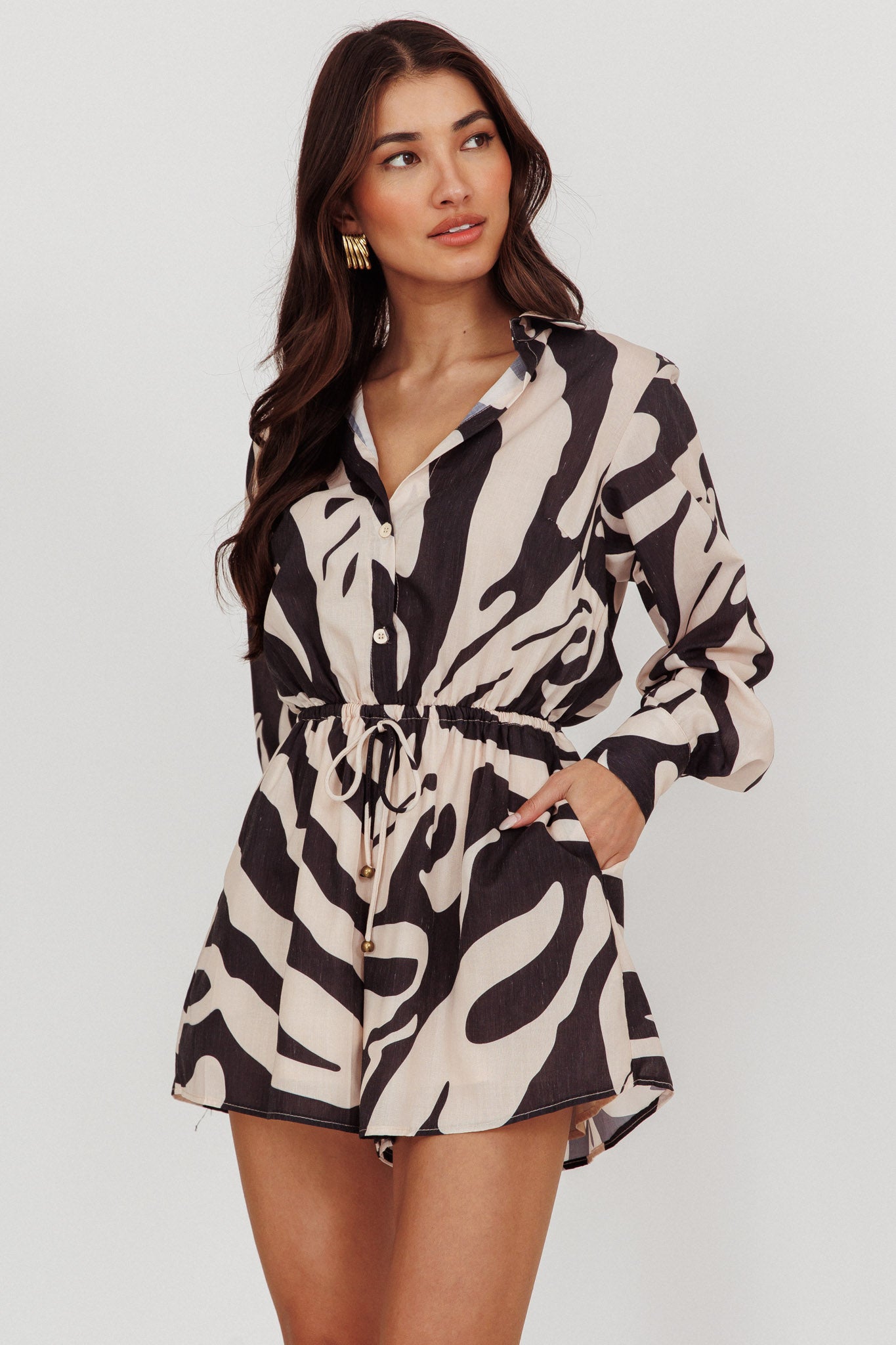 Tiki Long Sleeve Romper Print Beige by Selfie Leslie Australia