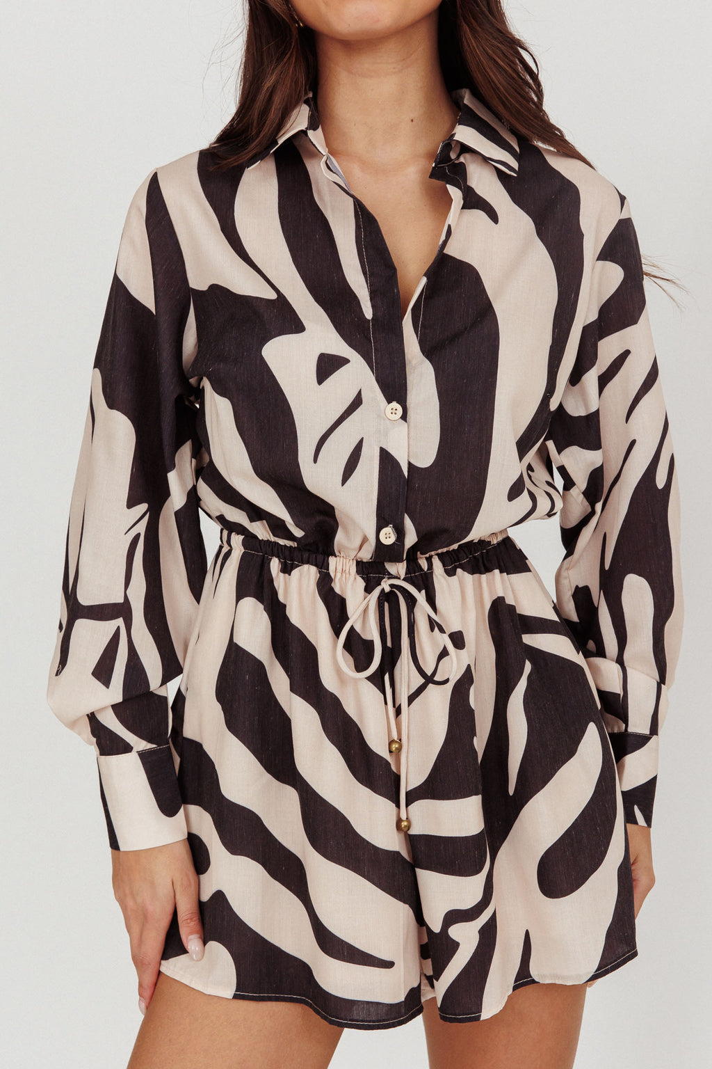 Tiki Long Sleeve Romper Print Beige by Selfie Leslie Australia