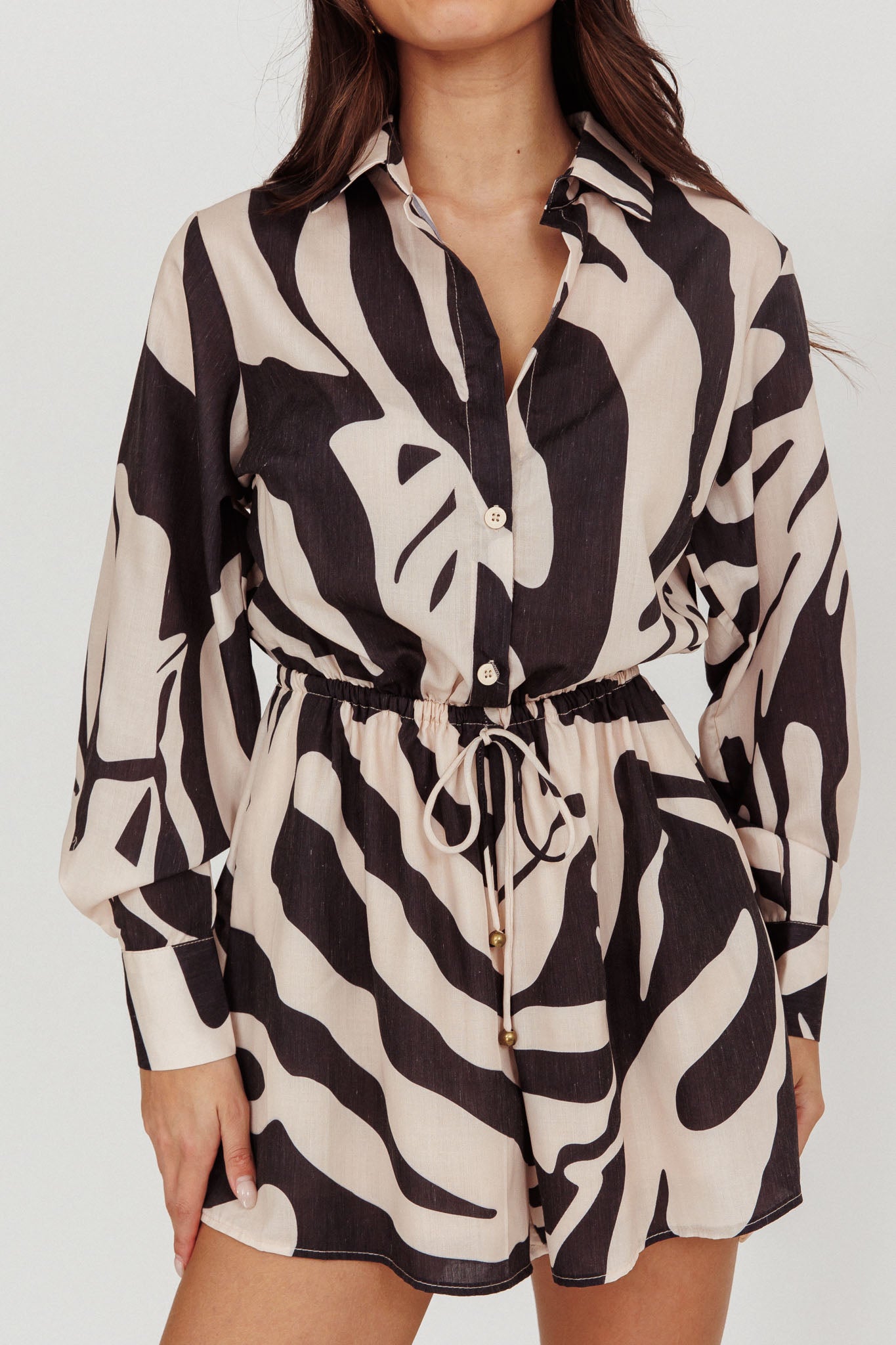 Tiki Long Sleeve Romper Print Beige by Selfie Leslie Australia