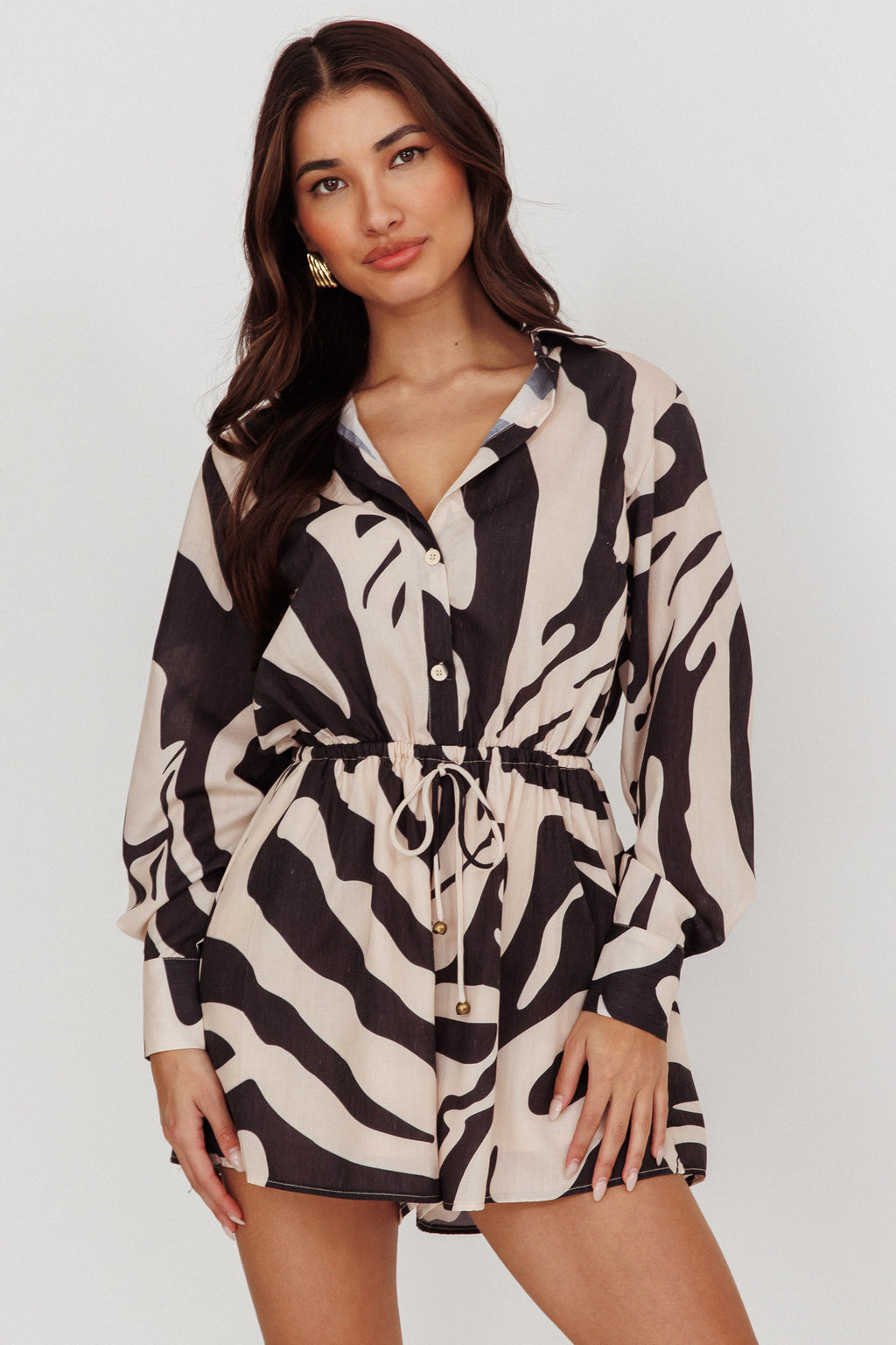 Tiki Long Sleeve Romper Print Beige by Selfie Leslie Australia
