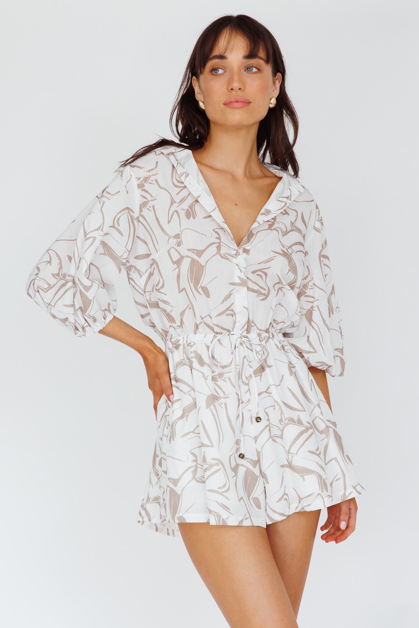 Tiki Puff Sleeve Drawstring Romper Print Beige by Selfie Leslie Australia