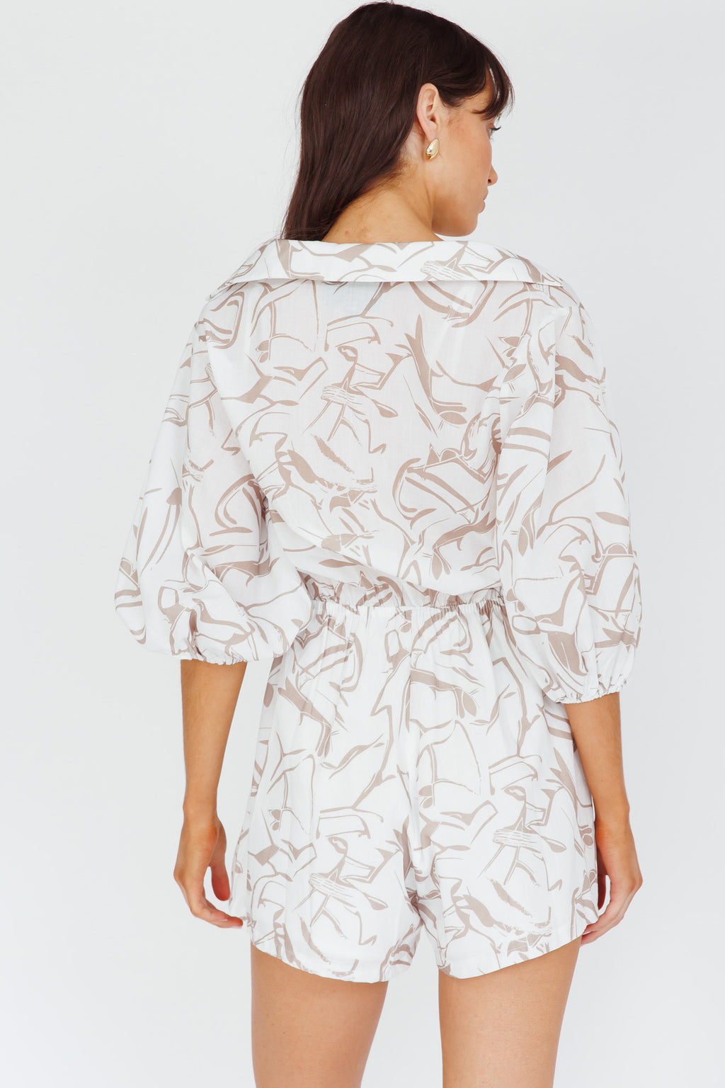 Tiki Puff Sleeve Drawstring Romper Print Beige by Selfie Leslie Australia