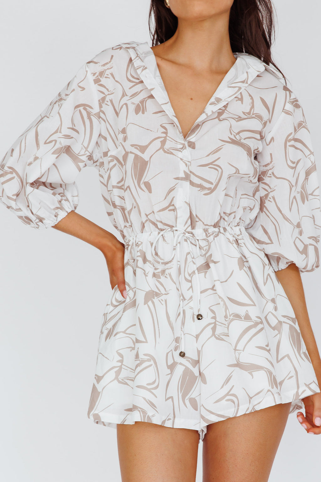 Tiki Puff Sleeve Drawstring Romper Print Beige by Selfie Leslie Australia