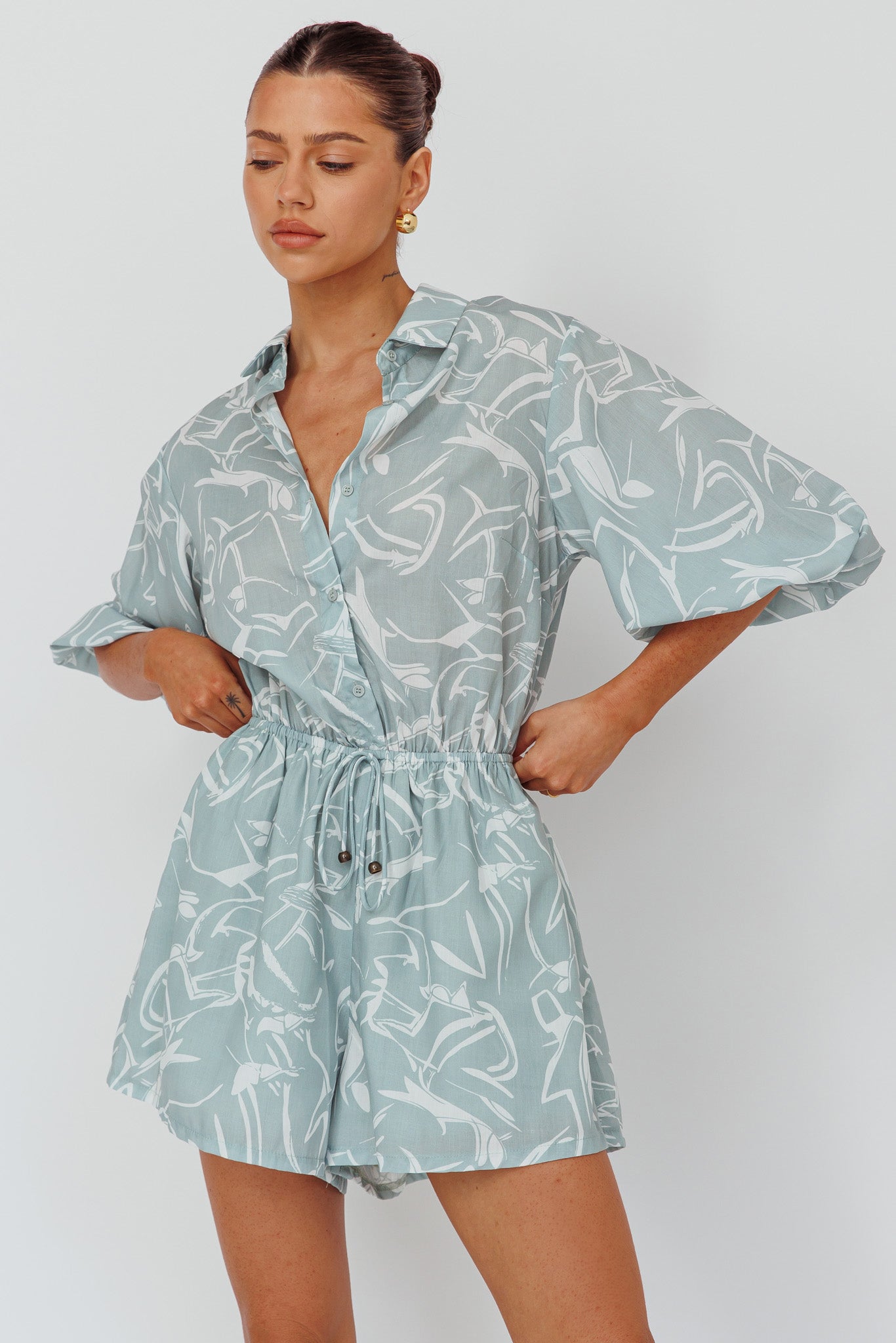 Tiki Puff Sleeve Drawstring Romper Print Sage by Selfie Leslie Australia