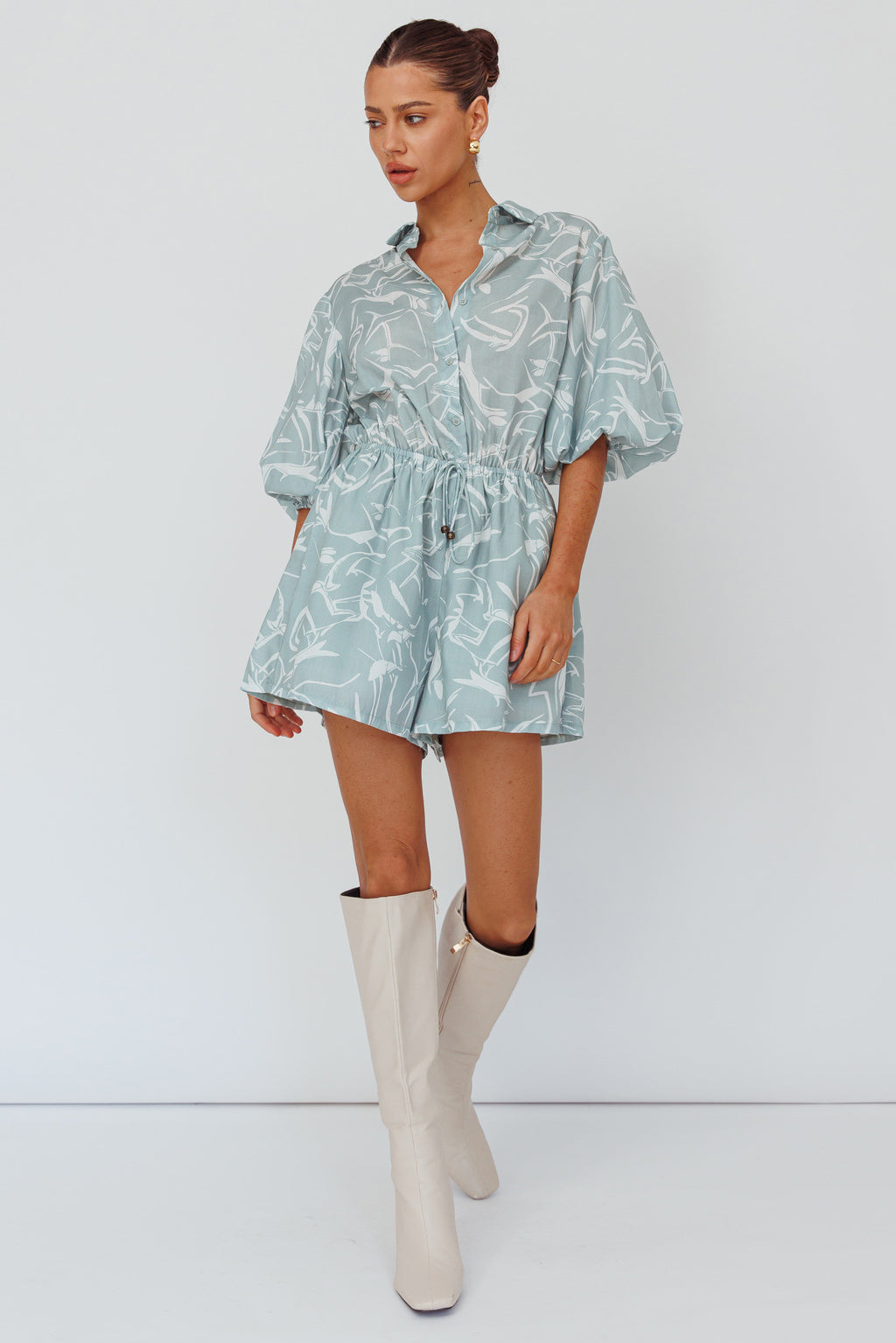 Tiki Puff Sleeve Drawstring Romper Print Sage by Selfie Leslie Australia