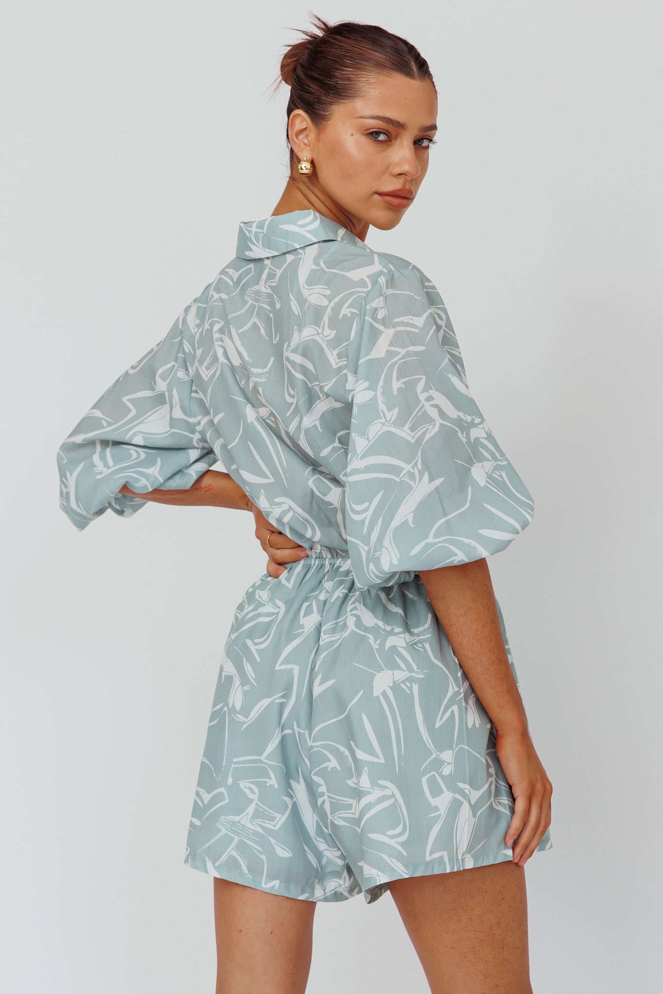 Tiki Puff Sleeve Drawstring Romper Print Sage by Selfie Leslie Australia