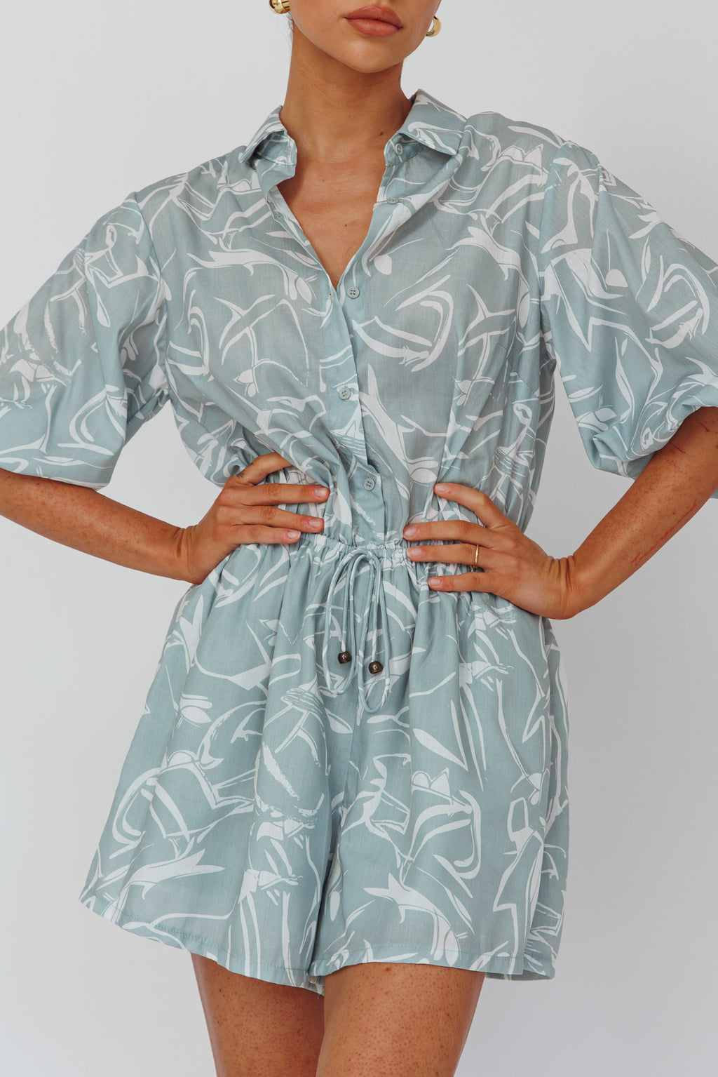 Tiki Puff Sleeve Drawstring Romper Print Sage by Selfie Leslie Australia