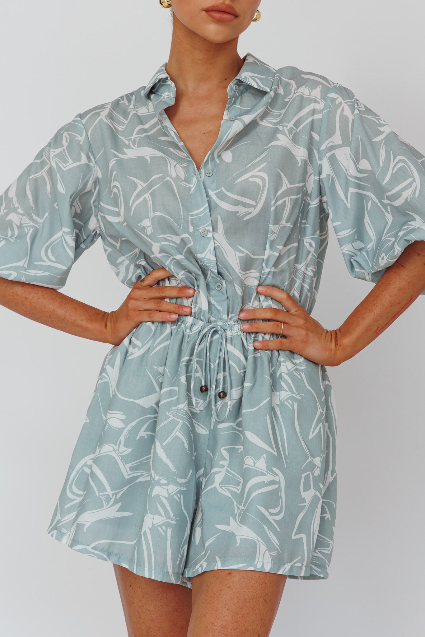 Tiki Puff Sleeve Drawstring Romper Print Sage by Selfie Leslie Australia