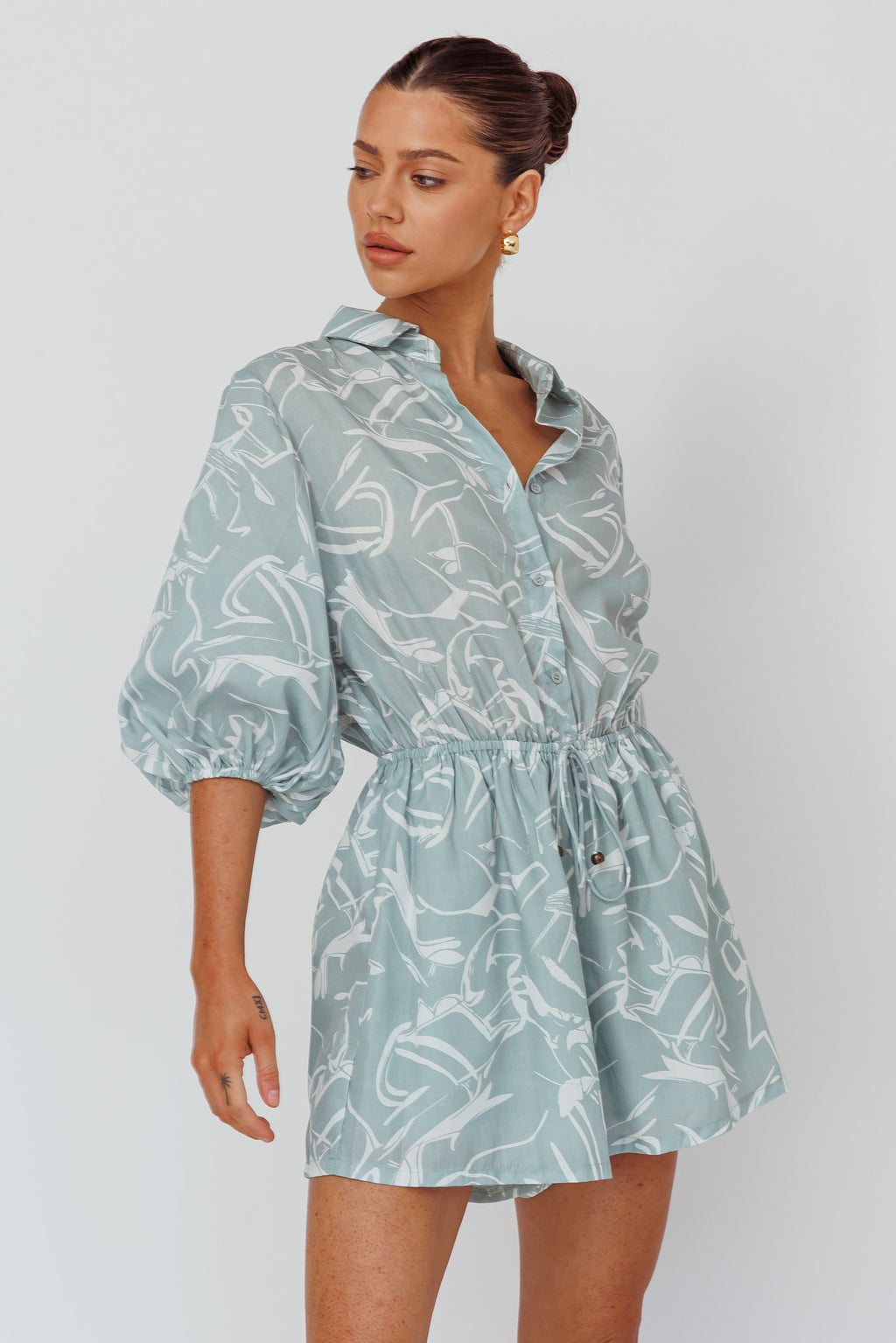 Tiki Puff Sleeve Drawstring Romper Print Sage by Selfie Leslie Australia