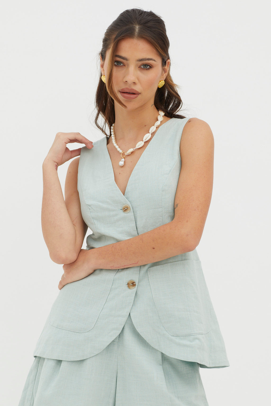 Philomena Button Pocket Vest Top Sage by Selfie Leslie Australia
