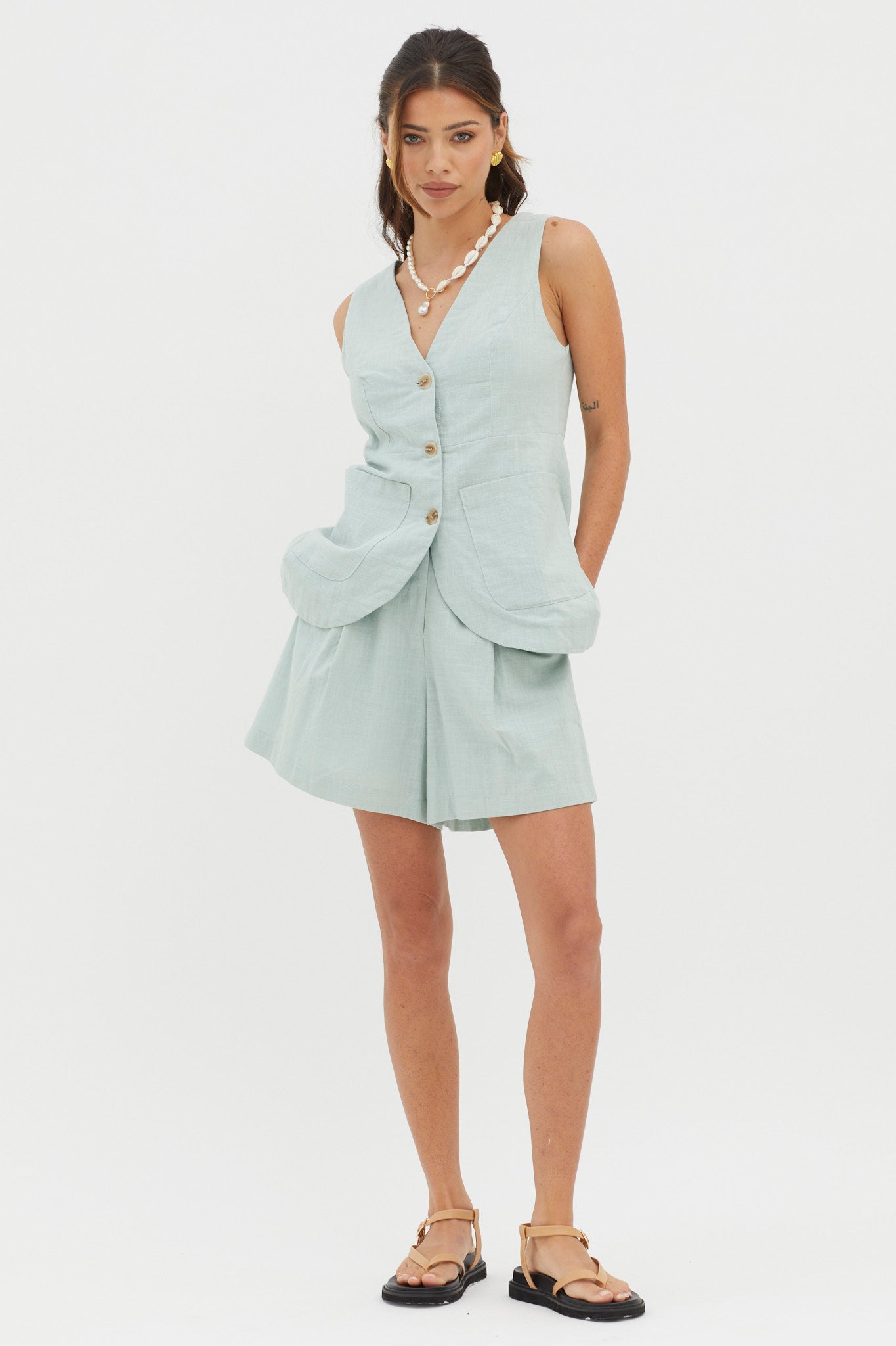 Philomena Button Pocket Vest Top Sage by Selfie Leslie Australia
