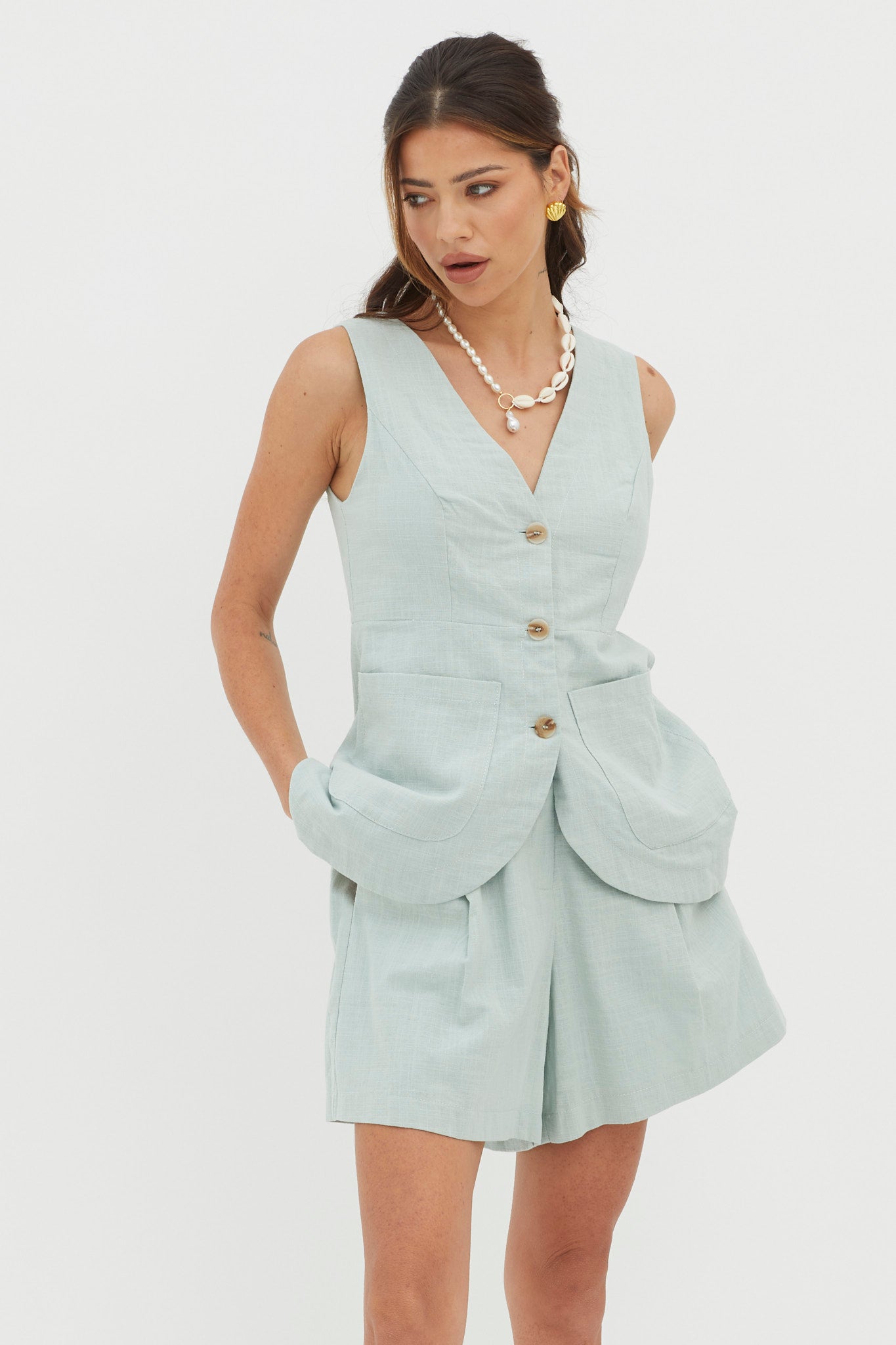 Philomena Button Pocket Vest Top Sage by Selfie Leslie Australia