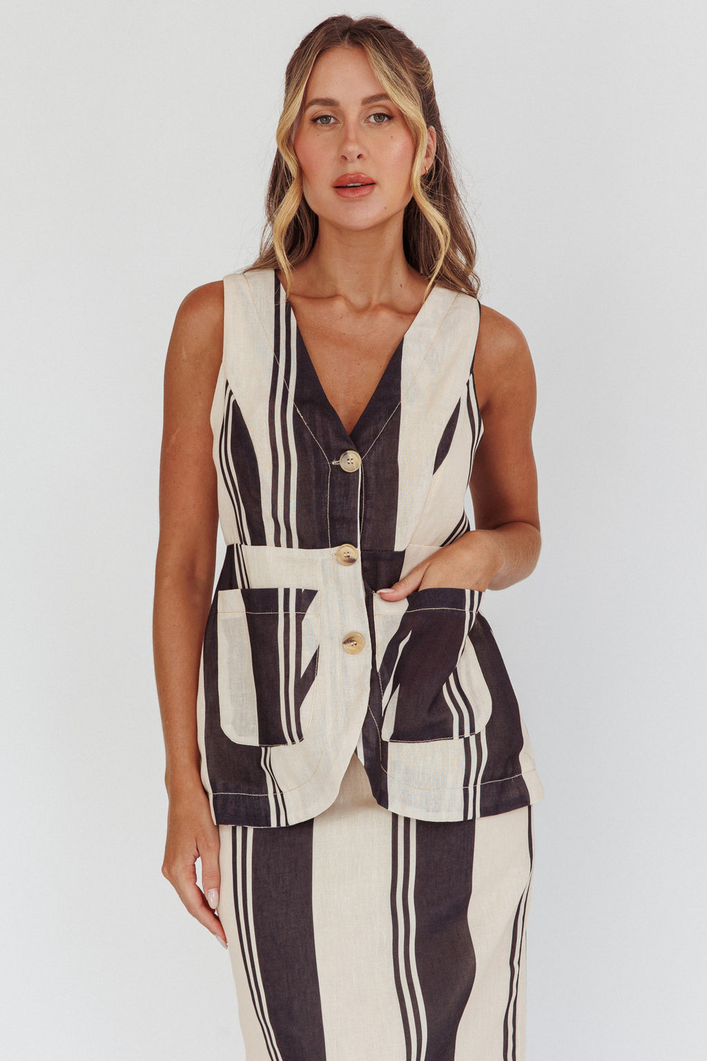 Philomena Button Pocket Vest Top Stripe Black by Selfie Leslie Australia