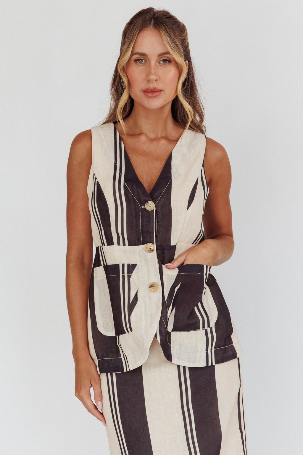 Philomena Button Pocket Vest Top Stripe Black by Selfie Leslie Australia