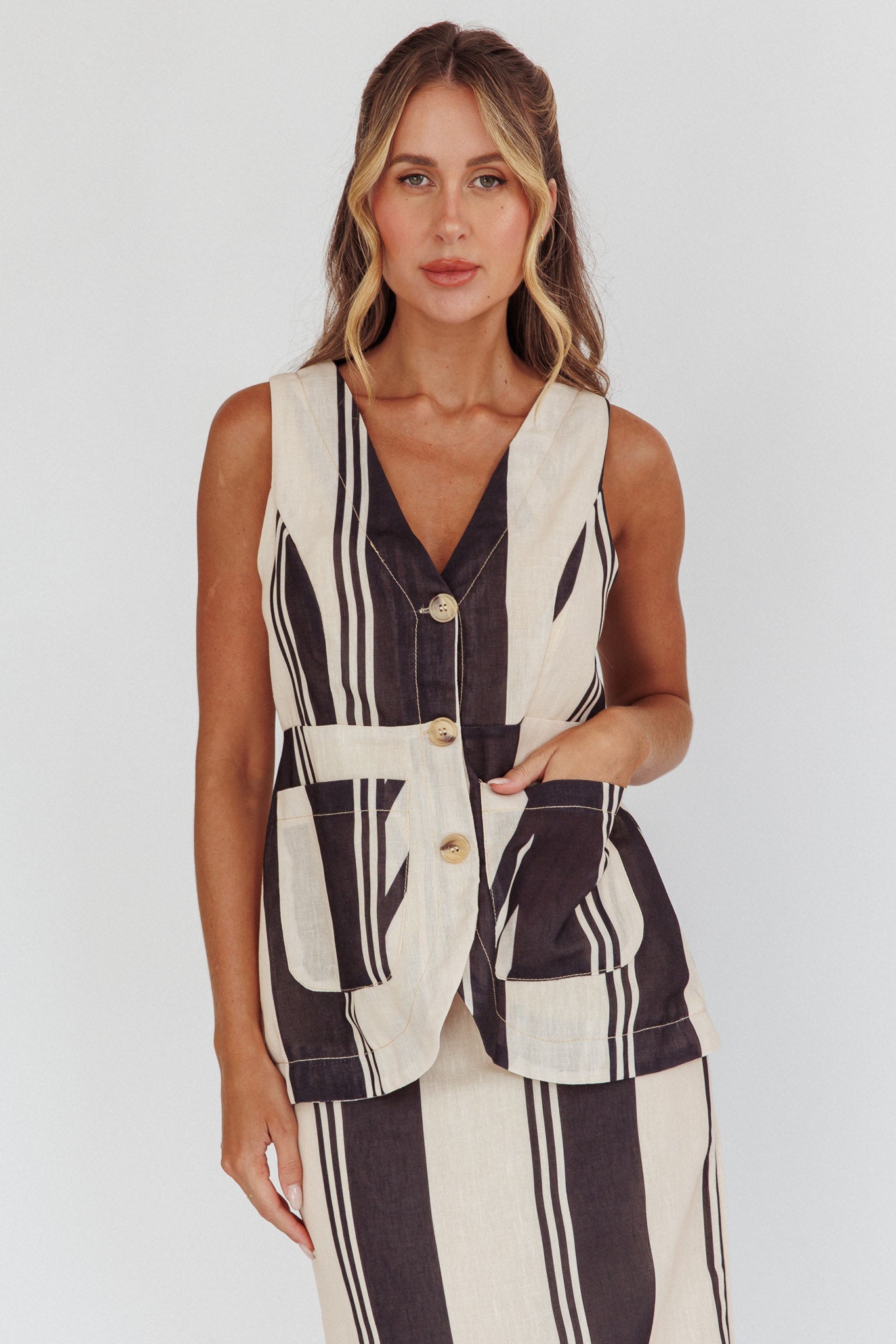 Philomena Button Pocket Vest Top Stripe Black by Selfie Leslie Australia