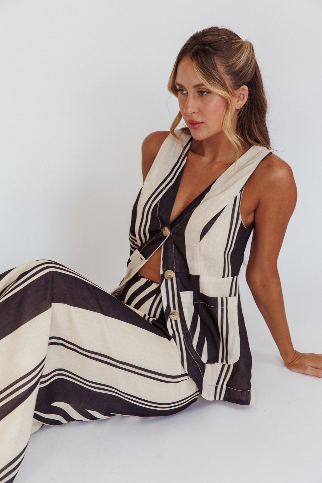 Philomena Button Pocket Vest Top Stripe Black by Selfie Leslie Australia