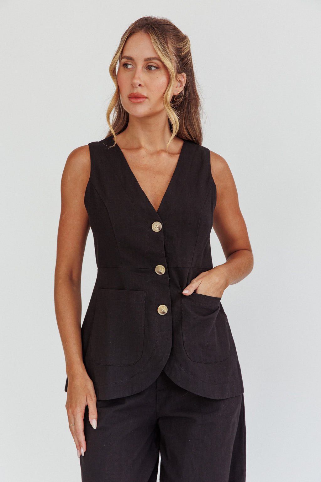 Philomena Button Pocket Vest Top Black by Selfie Leslie Australia
