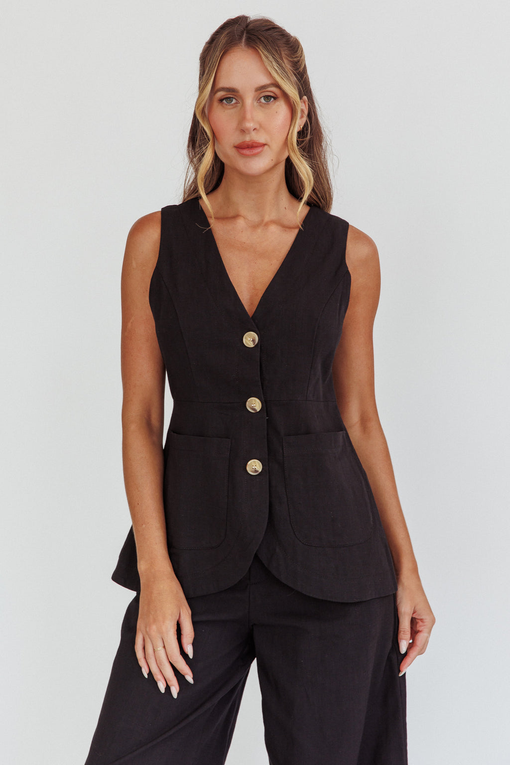 Philomena Button Pocket Vest Top Black by Selfie Leslie Australia