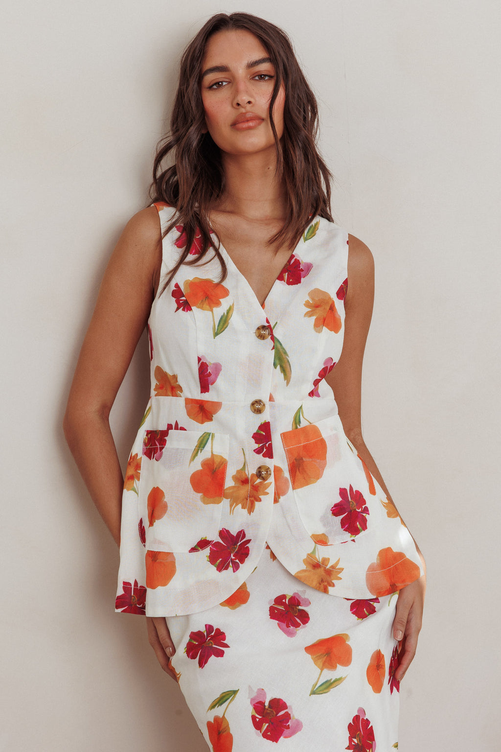 Philomena Button Front Pocket Vest Top Floral Orange Multi by Selfie Leslie Australia