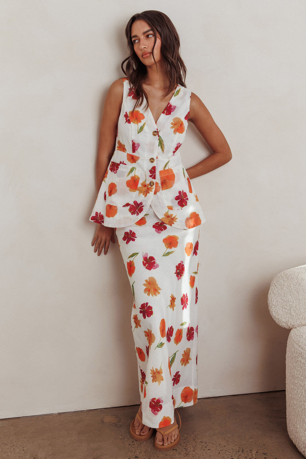 Philomena Button Front Pocket Vest Top Floral Orange Multi by Selfie Leslie Australia