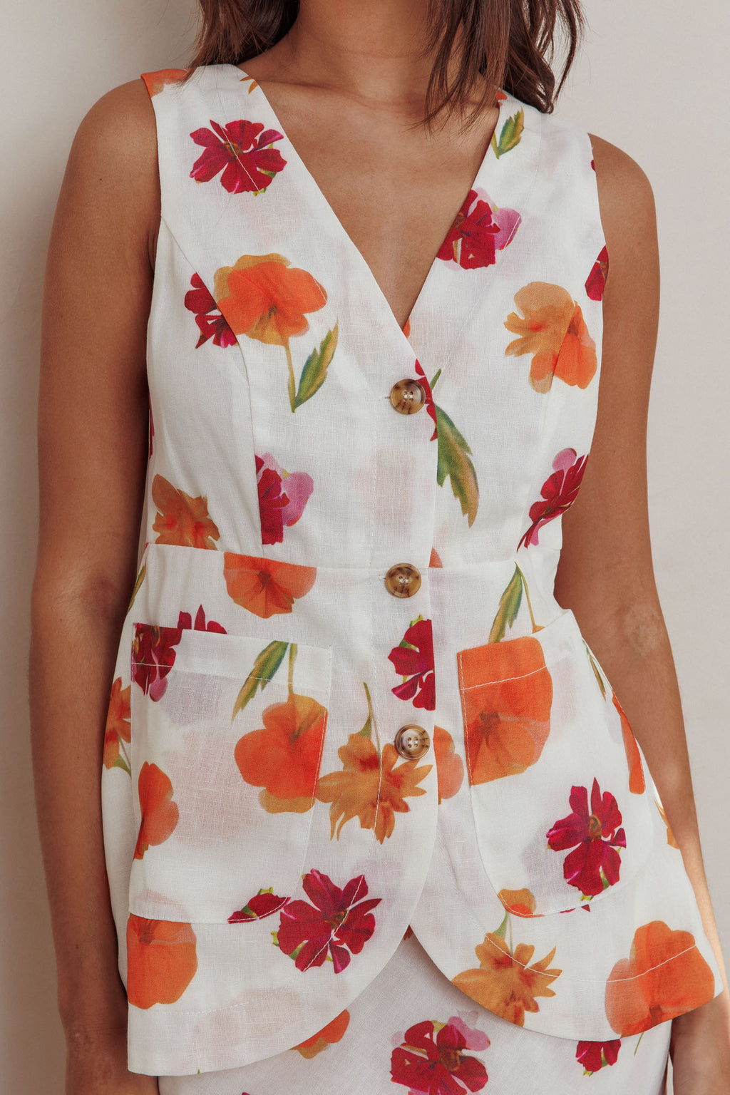 Philomena Button Front Pocket Vest Top Floral Orange Multi by Selfie Leslie Australia