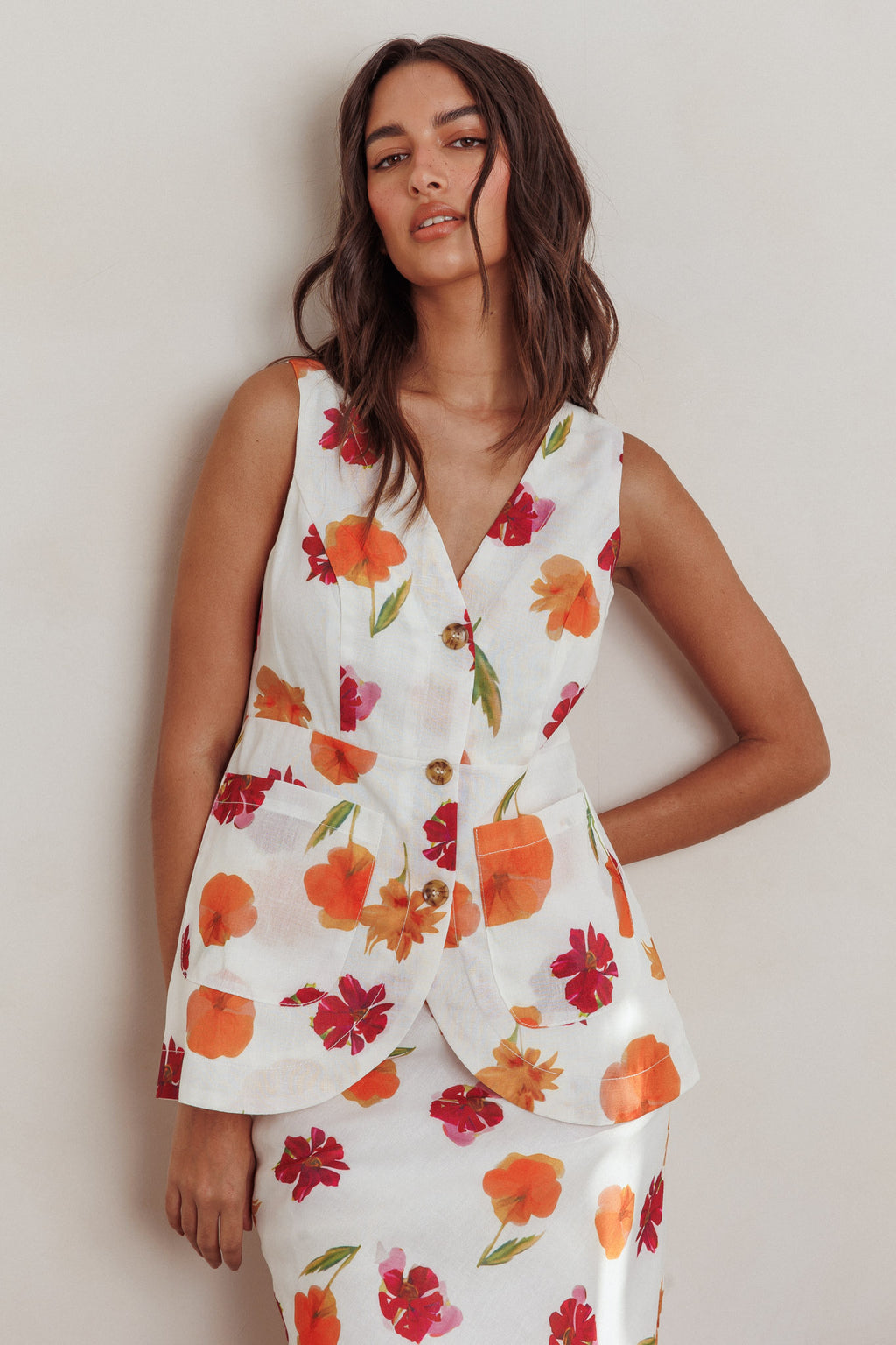 Philomena Button Front Pocket Vest Top Floral Orange Multi by Selfie Leslie Australia