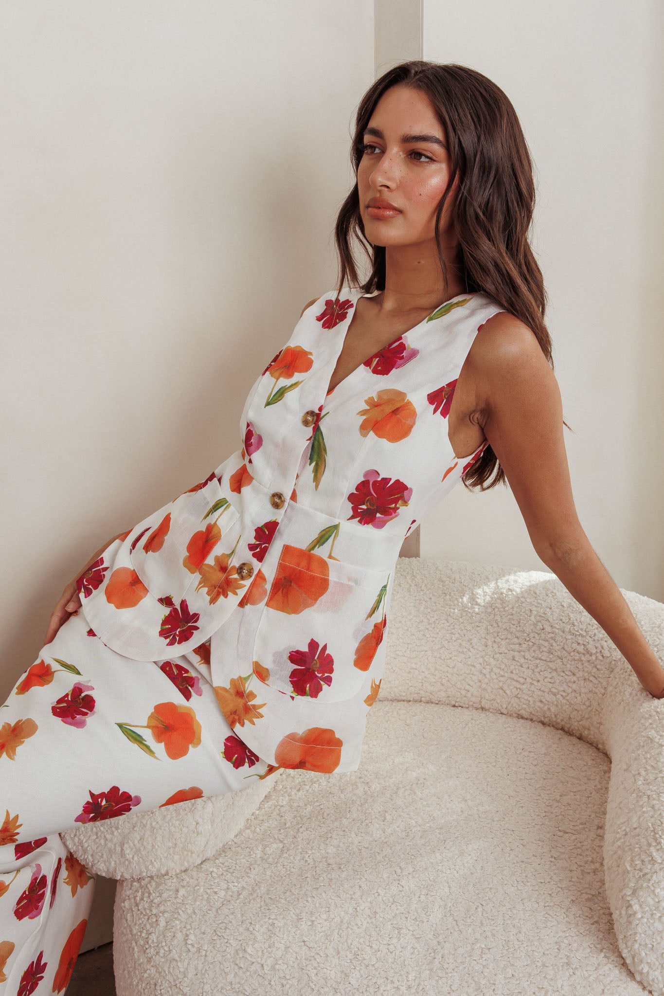 Philomena Button Front Pocket Vest Top Floral Orange Multi by Selfie Leslie Australia