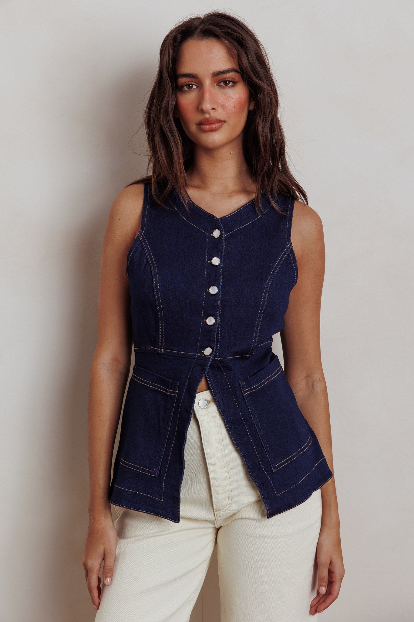 Philomena Button Front Pocket Vest Top Denim by Selfie Leslie Australia
