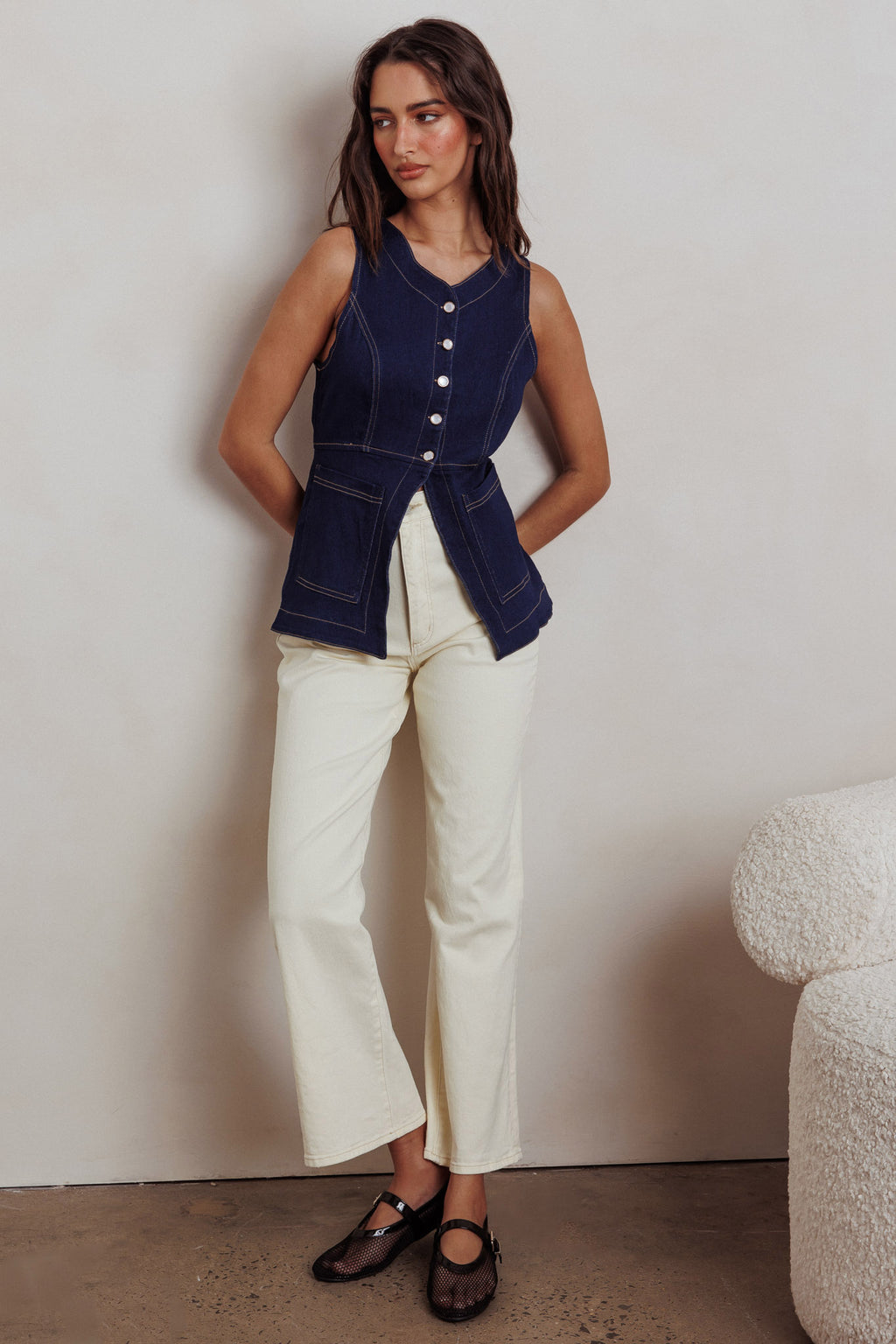 Philomena Button Front Pocket Vest Top Denim by Selfie Leslie Australia