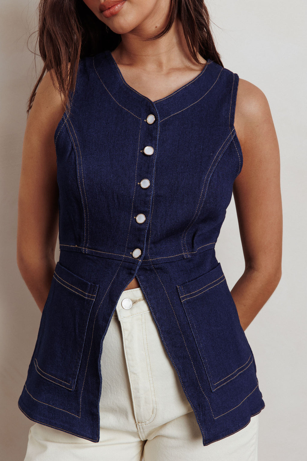 Philomena Button Front Pocket Vest Top Denim by Selfie Leslie Australia