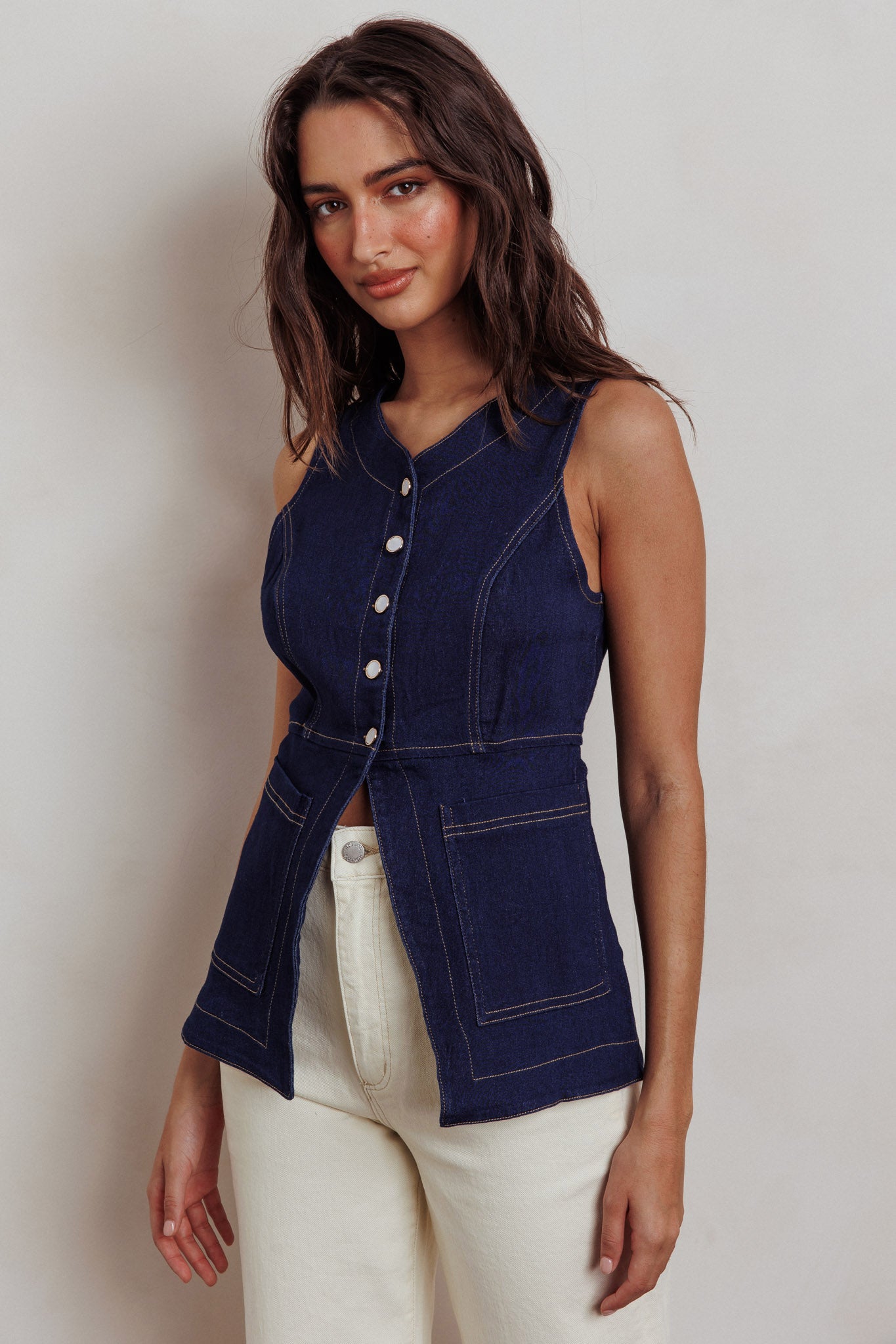 Philomena Button Front Pocket Vest Top Denim by Selfie Leslie Australia