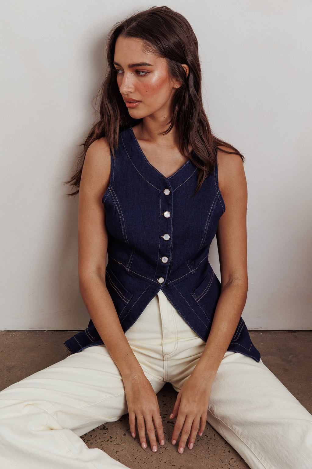 Philomena Button Front Pocket Vest Top Denim by Selfie Leslie Australia
