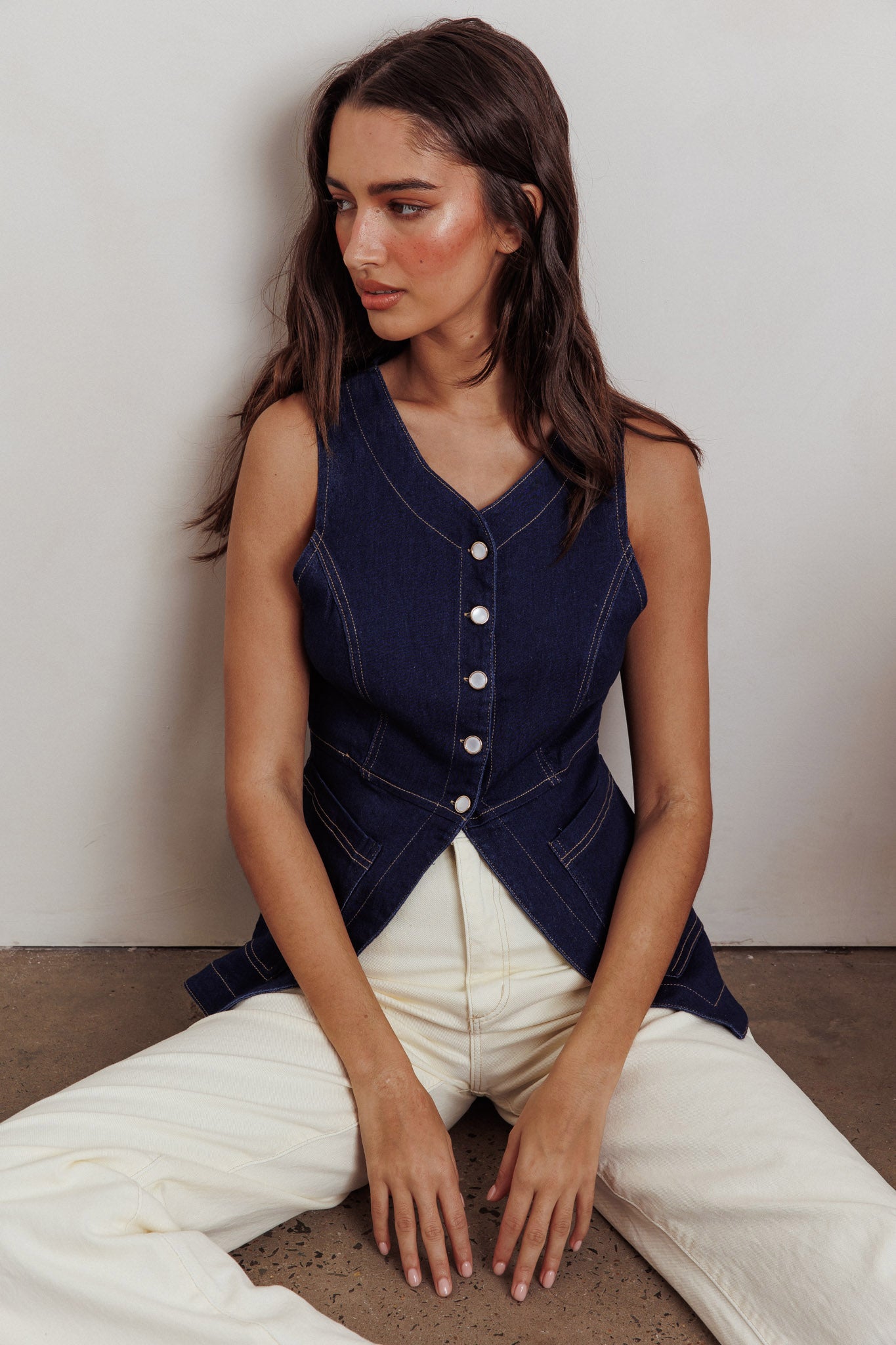 Philomena Button Front Pocket Vest Top Denim by Selfie Leslie Australia