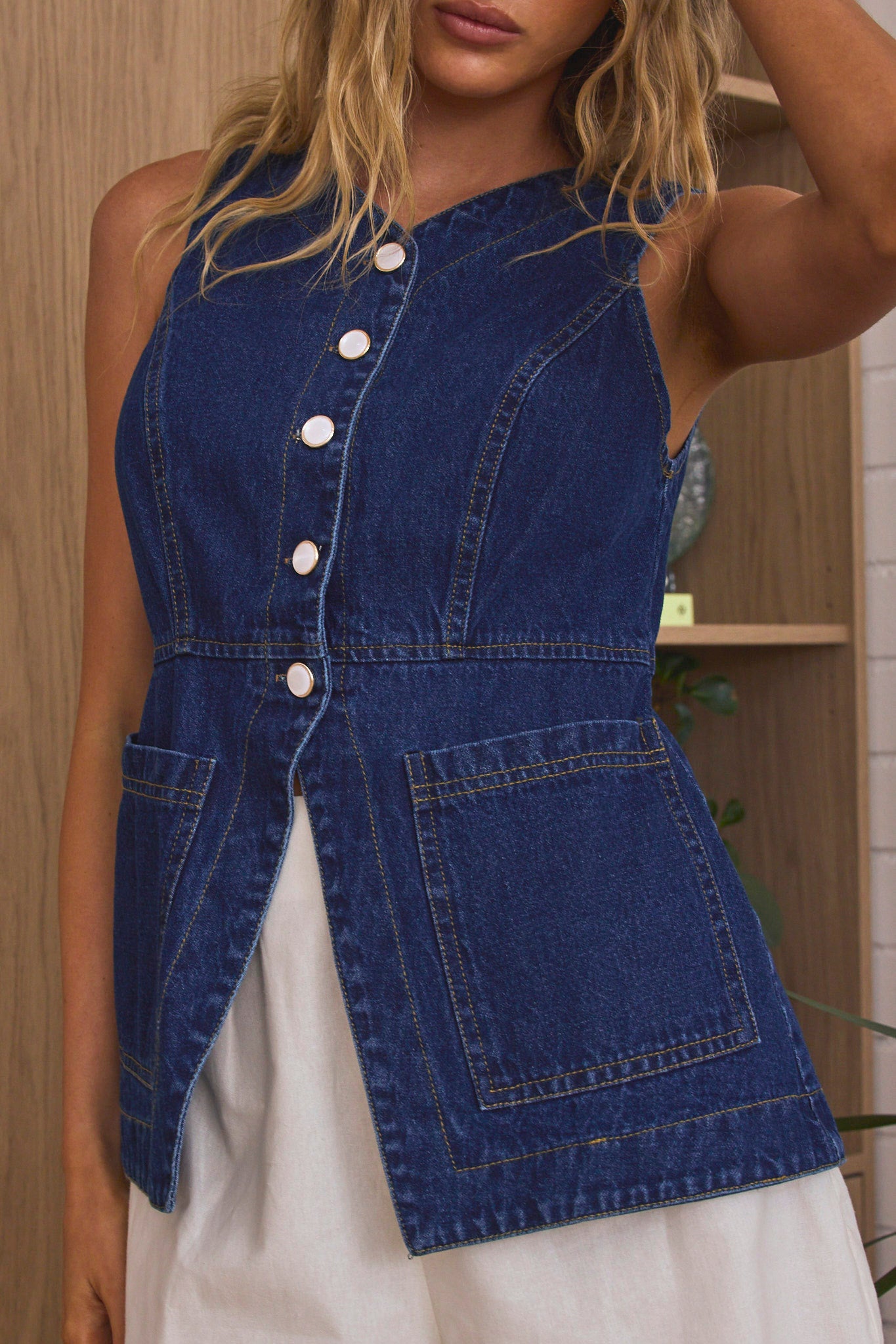 Philomena Button Front Vest Top Indigo by Selfie Leslie Australia