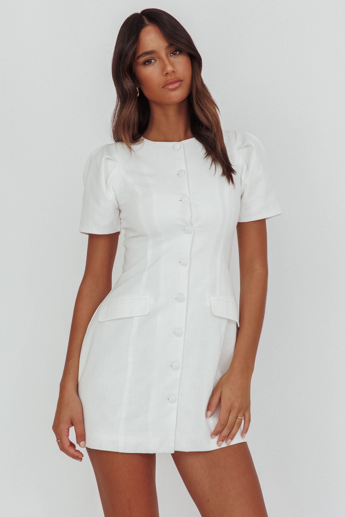 Philomena Button Front Mini Dress White by Selfie Leslie Australia