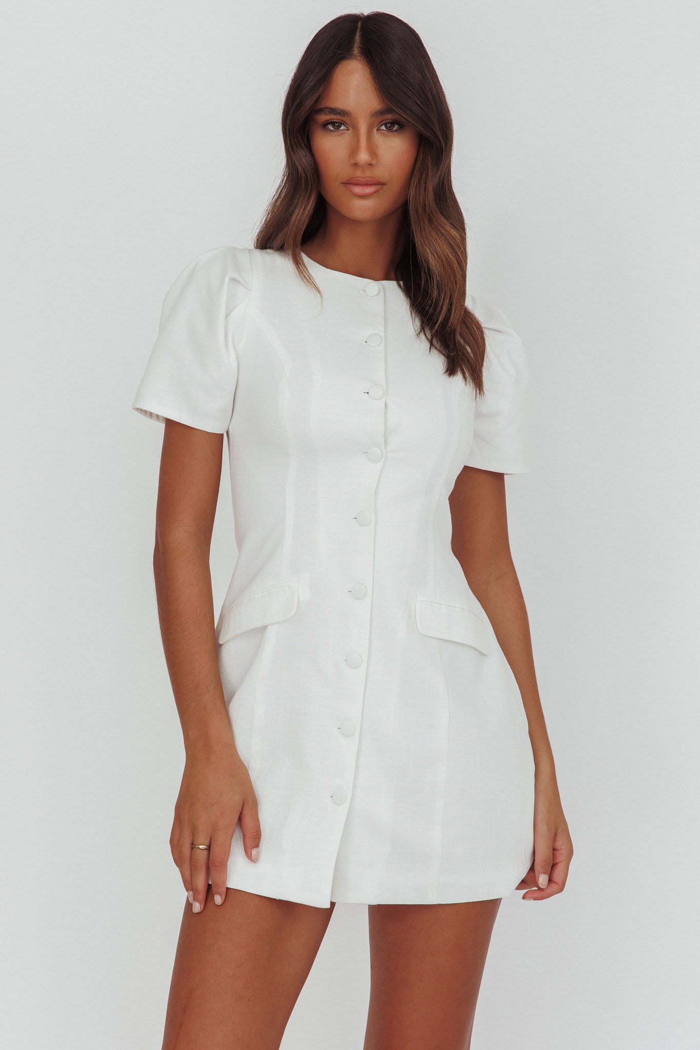 Philomena Button Front Mini Dress White by Selfie Leslie Australia