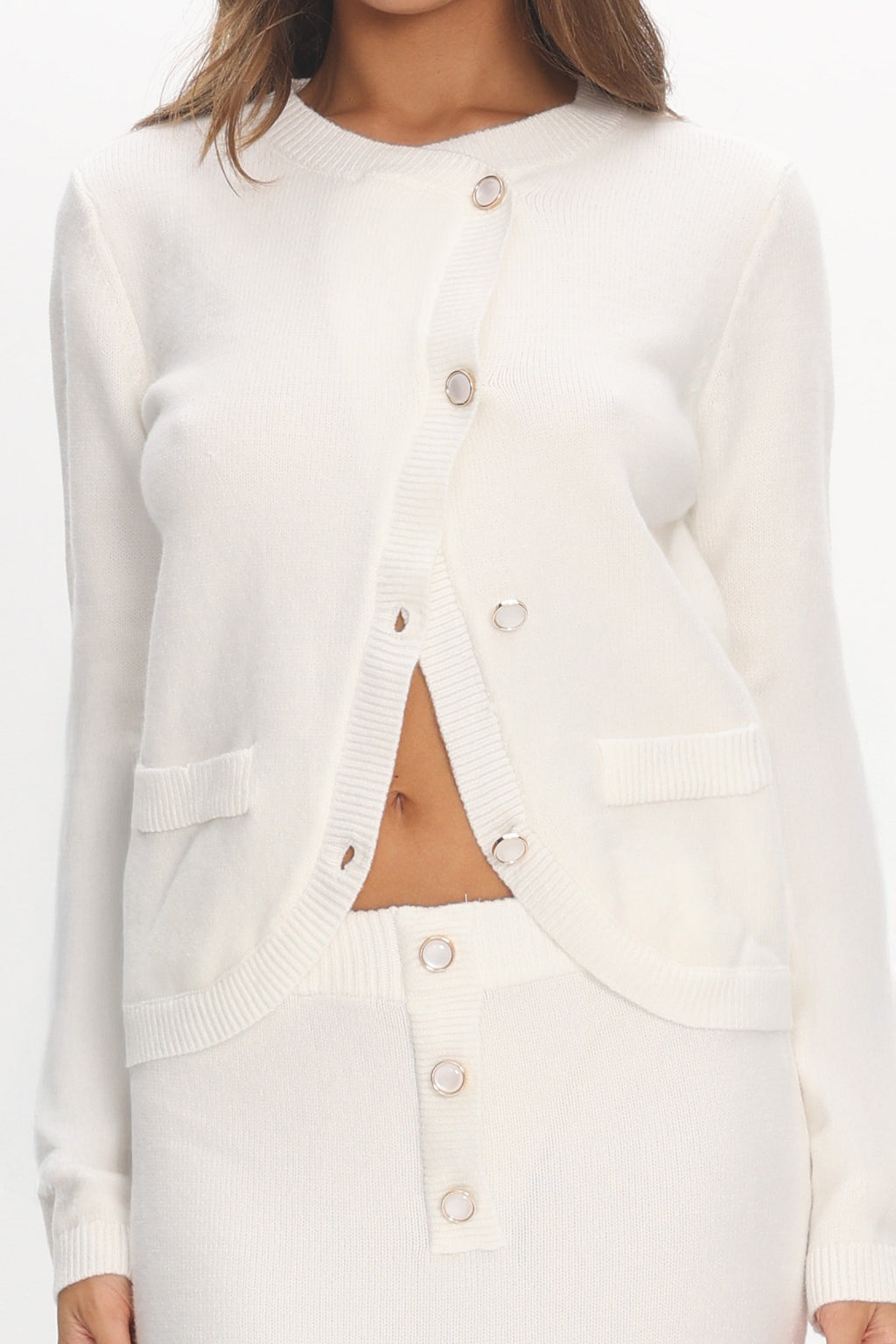Autumn Breeze Curved Hem Knit Top Off White by Selfie Leslie Australia