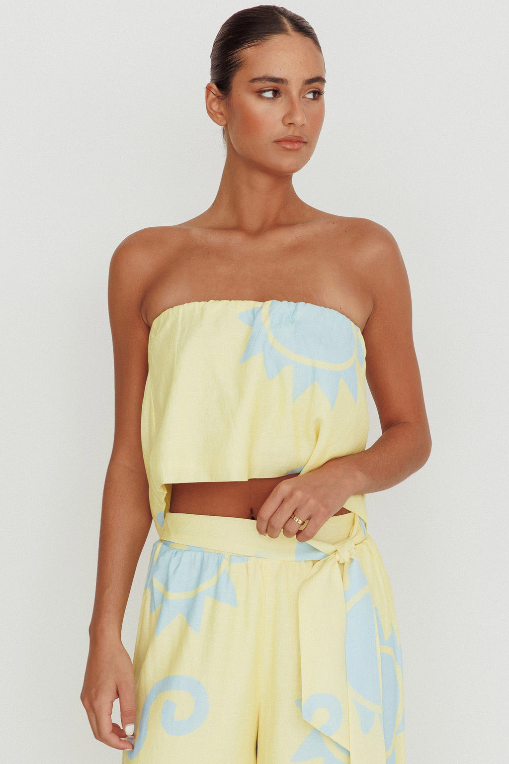 Nectar Sun Print Strapless Top Yellow by Selfie Leslie Australia