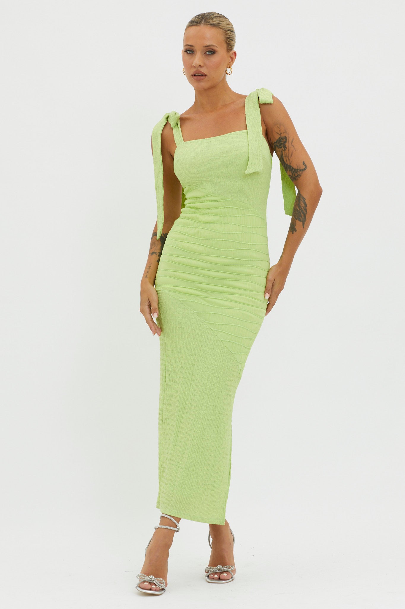 Shop the Bindi Puckered Tied Strap Dress Green - Main Image