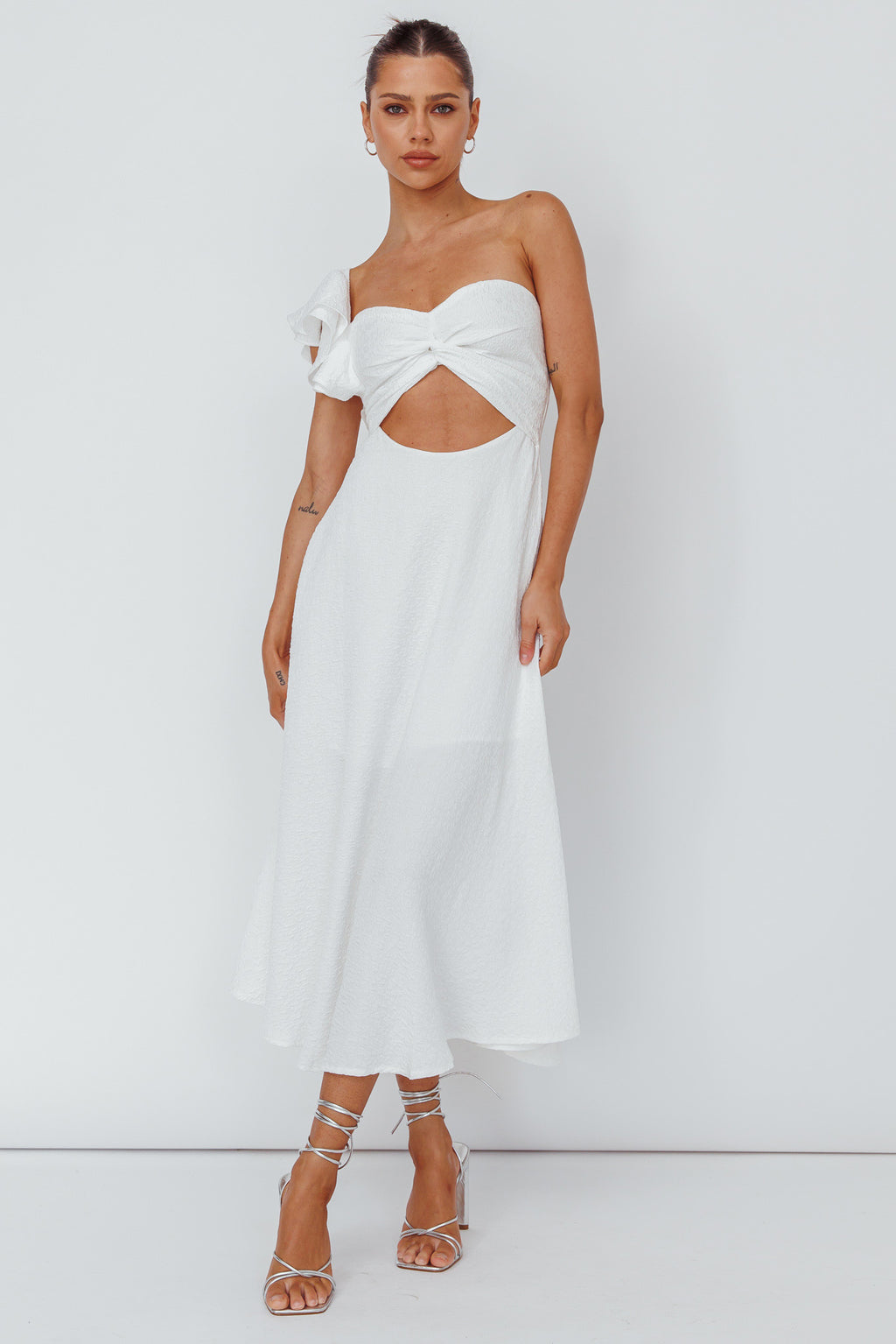 Jolina Ruffle Shoulder Midi Dress White by Selfie Leslie Australia