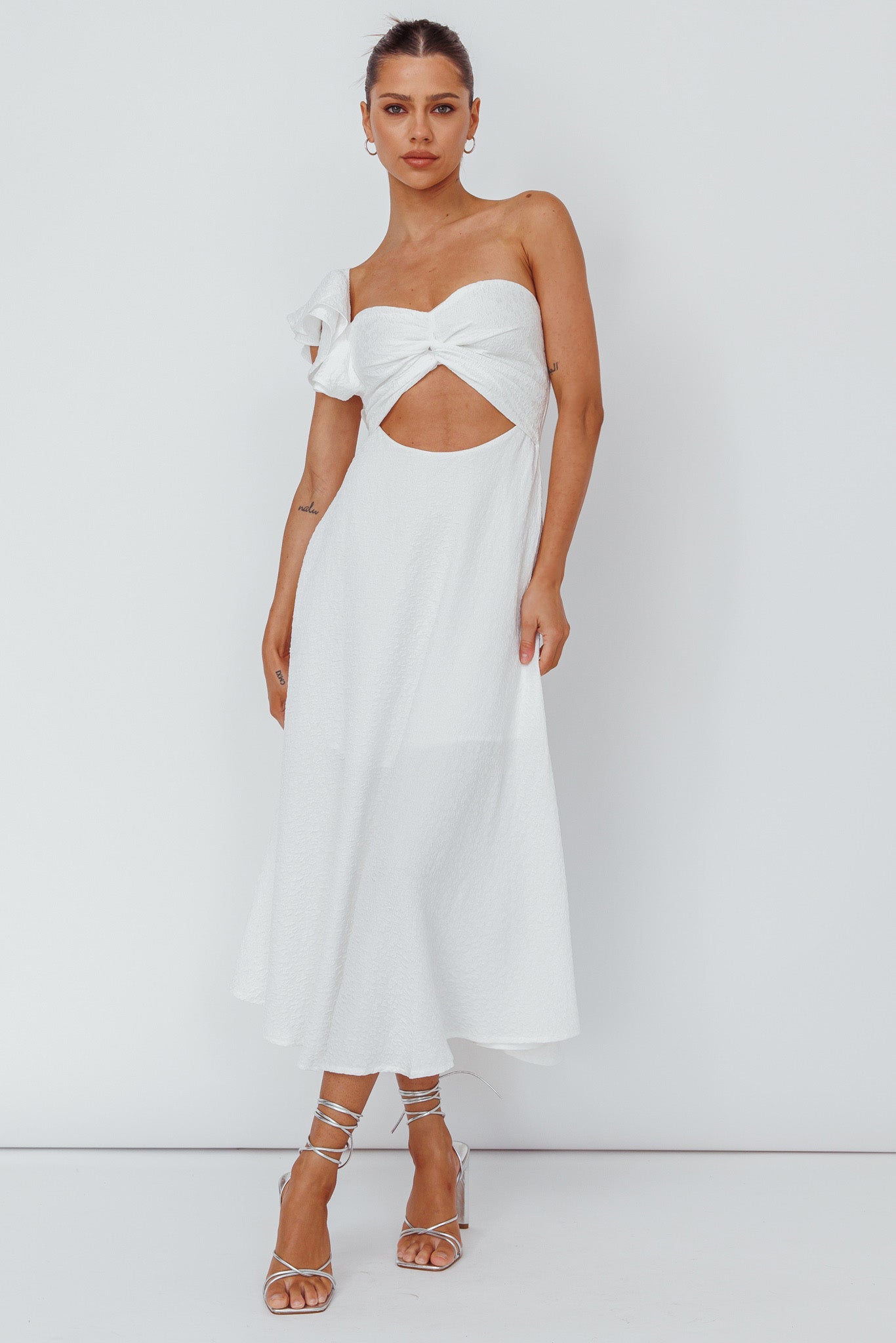 Jolina Ruffle Shoulder Midi Dress White by Selfie Leslie Australia