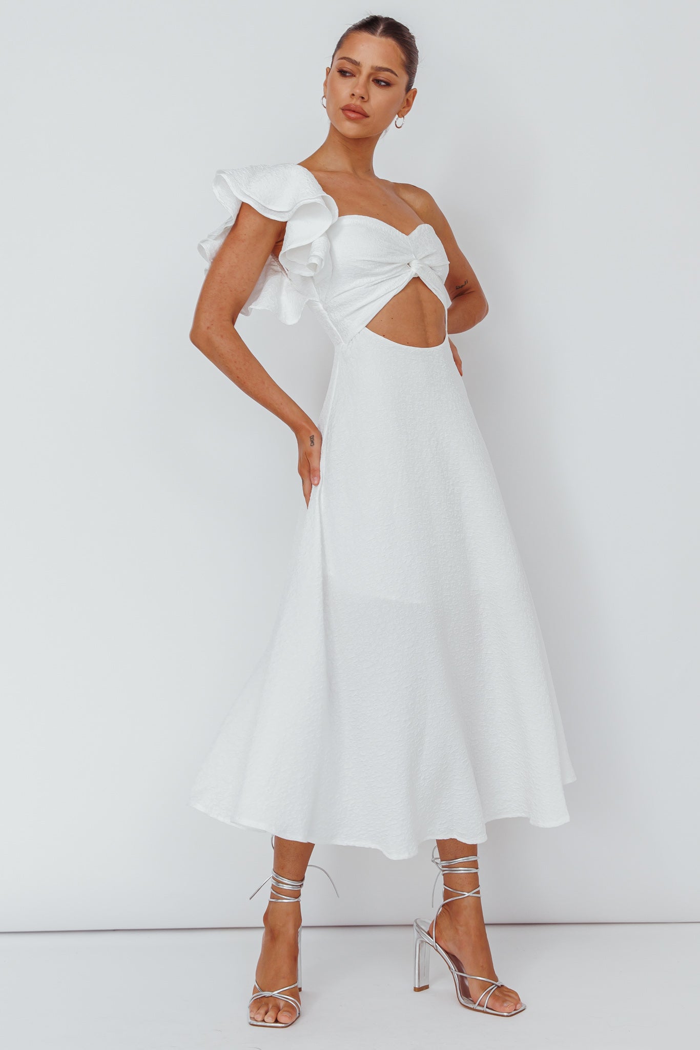 Jolina Ruffle Shoulder Midi Dress White by Selfie Leslie Australia