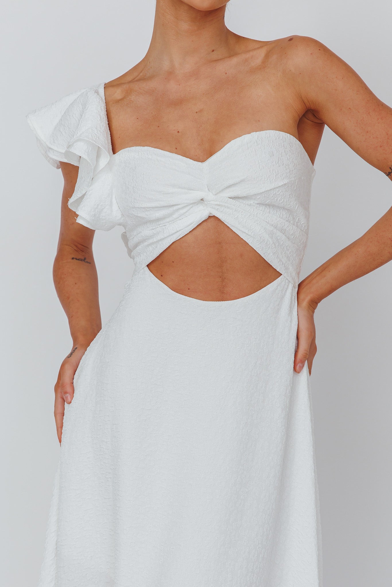 Jolina Ruffle Shoulder Midi Dress White by Selfie Leslie Australia