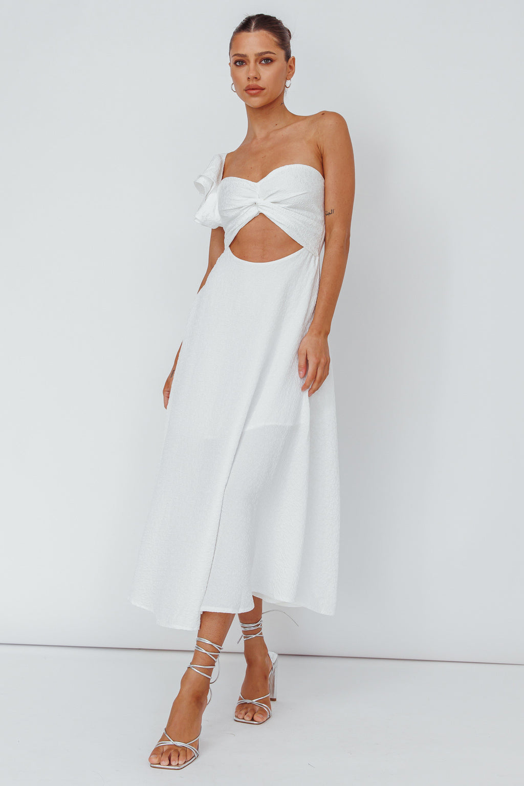Jolina Ruffle Shoulder Midi Dress White by Selfie Leslie Australia