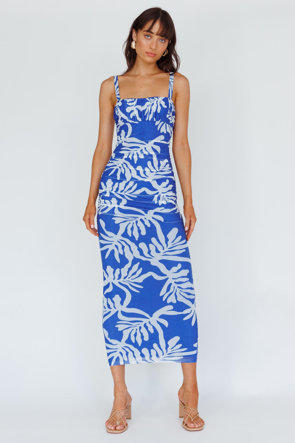 Hawaiian Sun Ruched Bust Midi Dress Print Blue by Selfie Leslie Australia